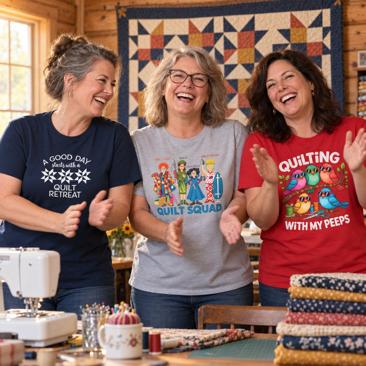 Three friends laughing at a quilting retreat in The Retreat Quilter tees