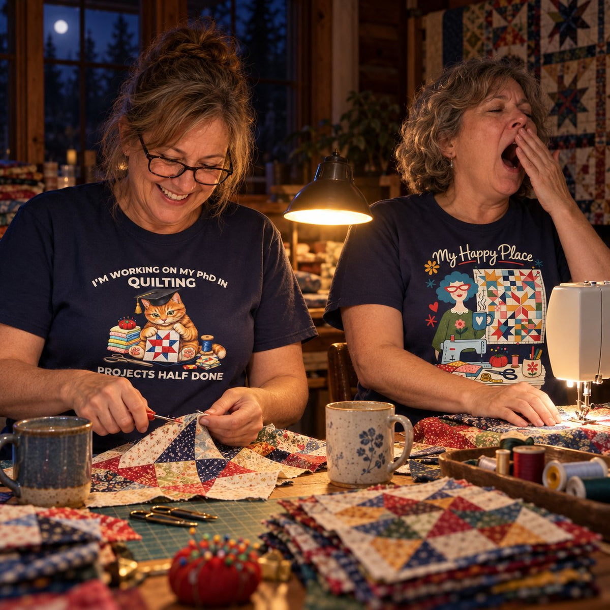 Late-night seam ripping at a quilting retreat in PhD in Quilting and My Happy Place tees