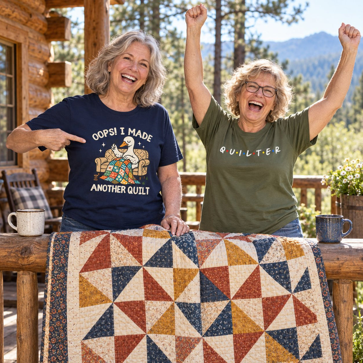 Quilt show and tell on a cabin porch in Oops I Made Another Quilt and QUILTER tees