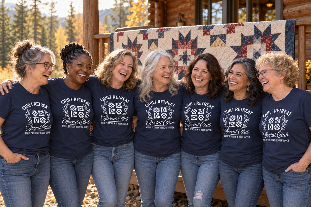 Quilting guild in matching Quilt Retreat Social Club tees on a cabin porch