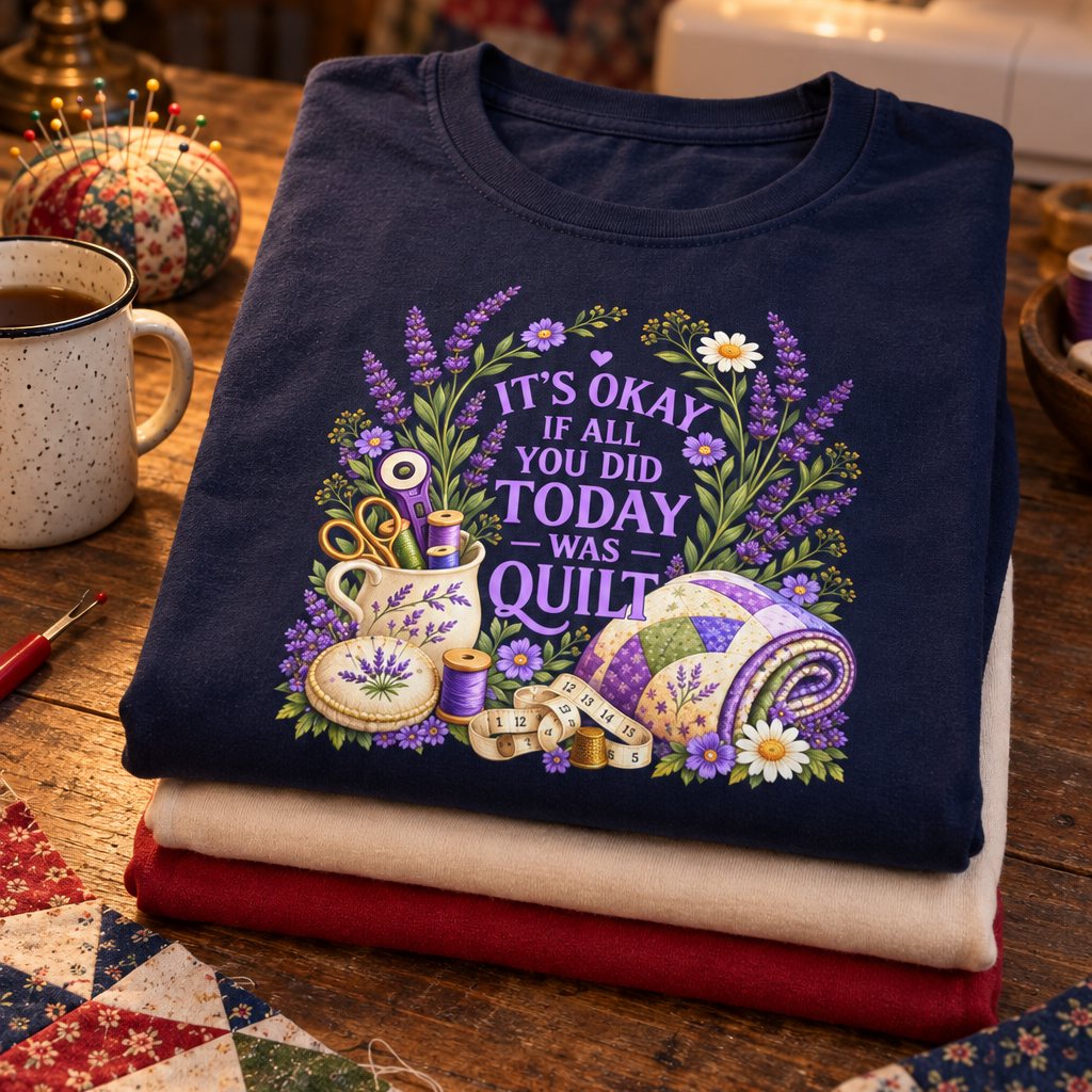 Folded It's Okay If All You Did Today Was Quilt tee on a sewing table