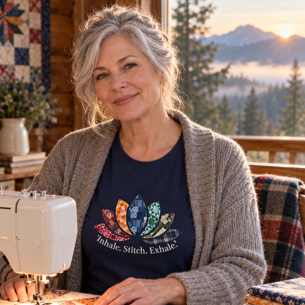 Quilter sewing by a sunrise cabin window in the Inhale. Stitch. Exhale. tee